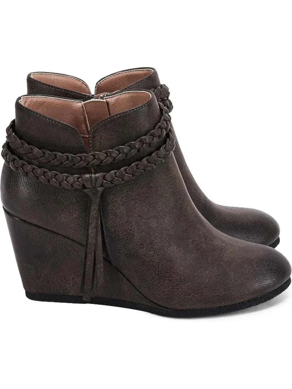 Women's Grey Braided Fringe Strap Western Heeled Fall Booties Dress Shoes